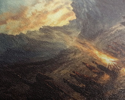 Cowboys am Lagerfeuer im Sonnenuntergang – Gerahmter Leinwanddruck im Westernstil – Perfekte Winterwanddekoration und rustikale Berghüttenkunst