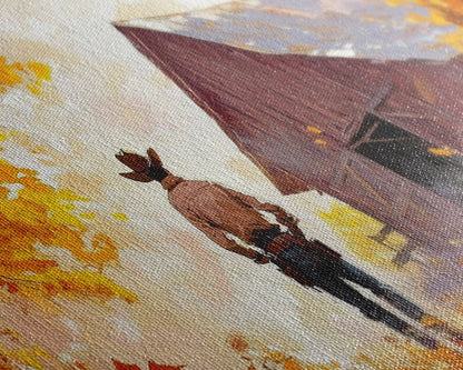 Cowboy and His Barn, Framed Canvas Print, Landscape Art Christmas Cowboy Holiday Art Wall Decor Seasonal