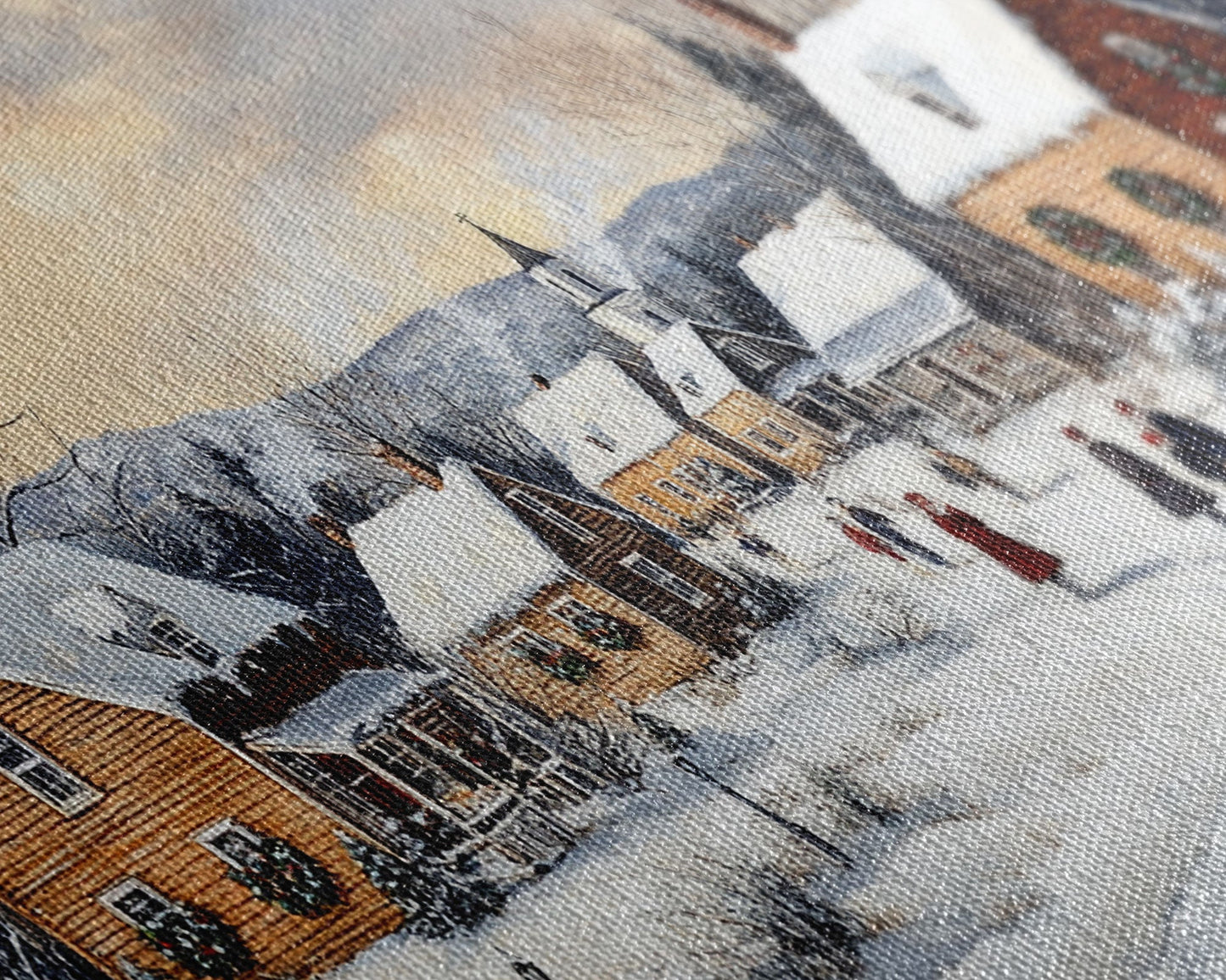 Snowy Village Church Scene, Rustic Christmas Landscape Wall Art, Winter Wonderland Framed Canvas Print, Country Holiday Home Decor