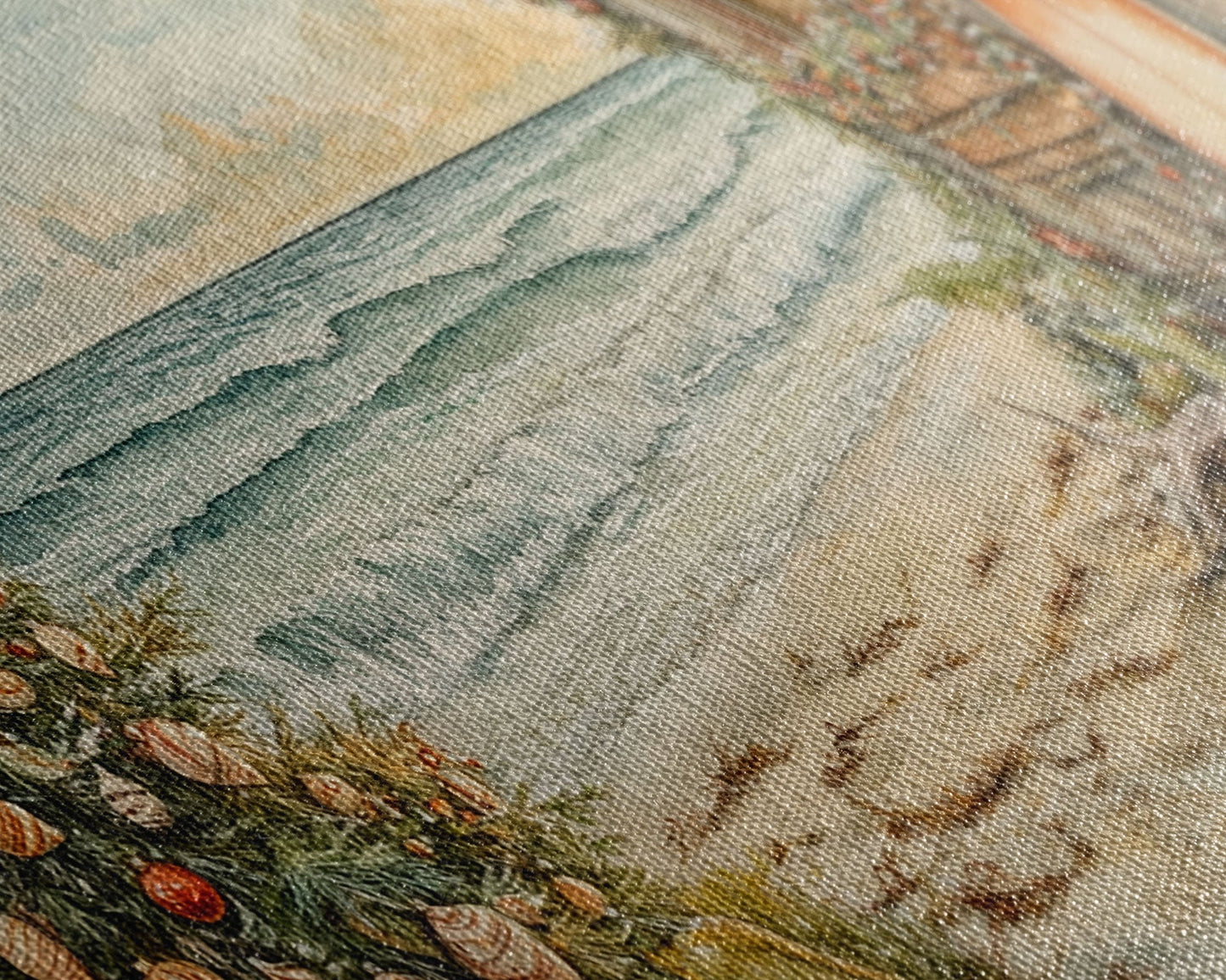 Weihnachtsbaum neben einem rustikalen Strandhaus – Küstenweihnachtsszene – gerahmter Leinwanddruck, weihnachtliche Wanddekoration für den Strand