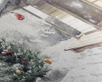 Minimalist Japanese Christmas Scene Framed Canvas Print, Snowy Holiday Decor with Simple Tree and Lantern Perfect Holiday Art