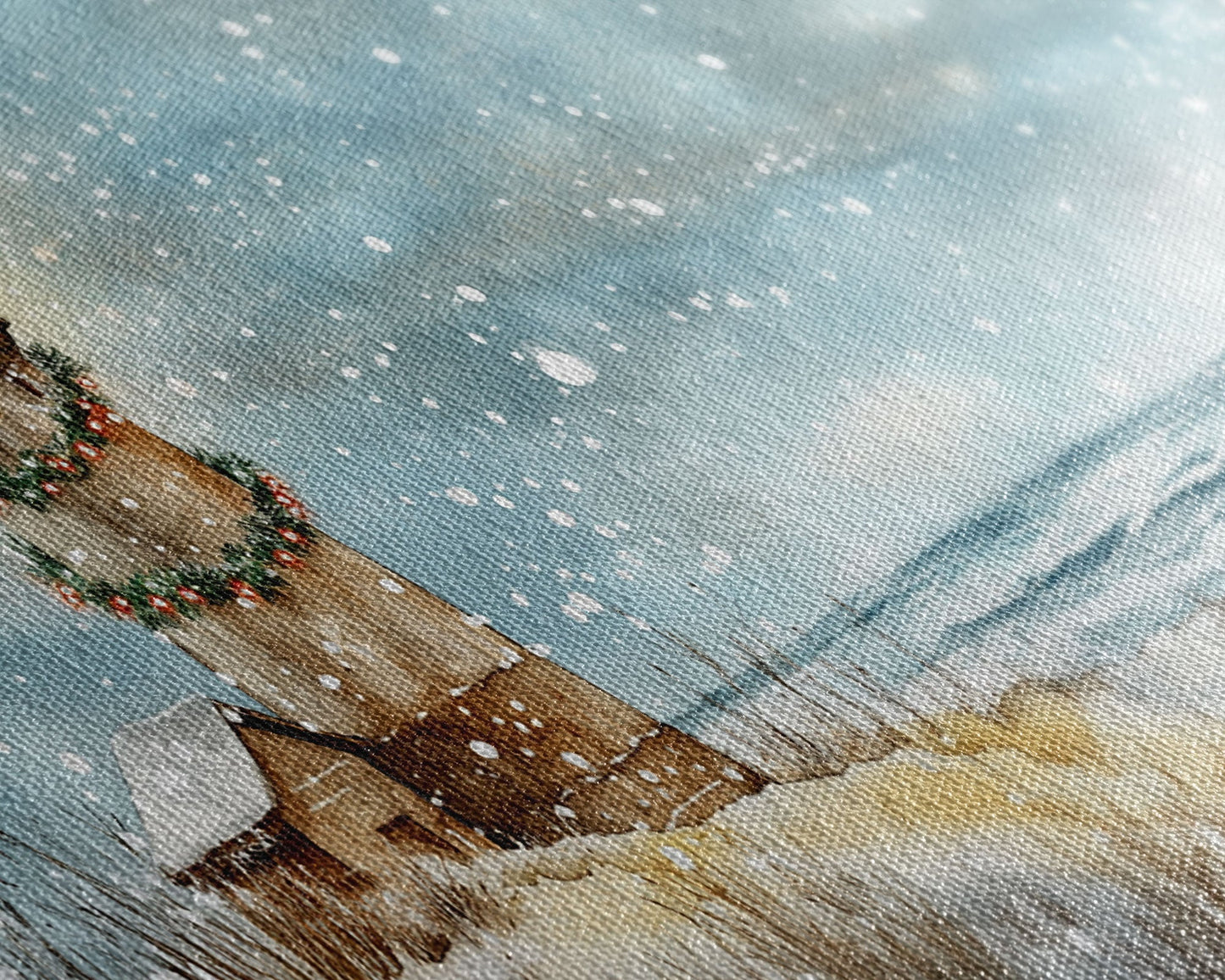 Coastal Christmas Lighthouse Decor Framed Canvas Print, Snowy Beach Scene with Holiday Wreath and Lighthouse Winter Wall Art