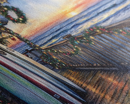 Beachfront porch with surfboards and Christmas lights, Framed Canvas Print with wreaths festive lights, coastal holiday wall art and decor