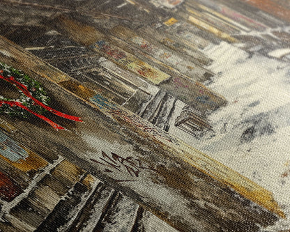 Underground subway station winter scene framed canvas print, snowy platform with festive wreath and urban decay, Christmas display