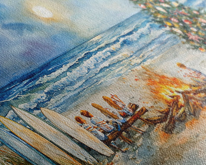 Christmas bonfire on the beach with surfboards and decorated tree, framed canvas print ideal tropical holiday wall art decor