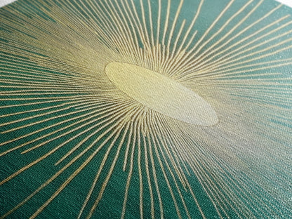 Eclectic Art Deco Sunburst Framed Canvas Print, Boho Style Wall Art, Emerald Green and Gold Extra Wide Art