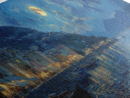 Horizontal Oil Painting Print - Italy At Night - Portofino Wall Art - Horizontal Panoramic Print - Full Moon Painting