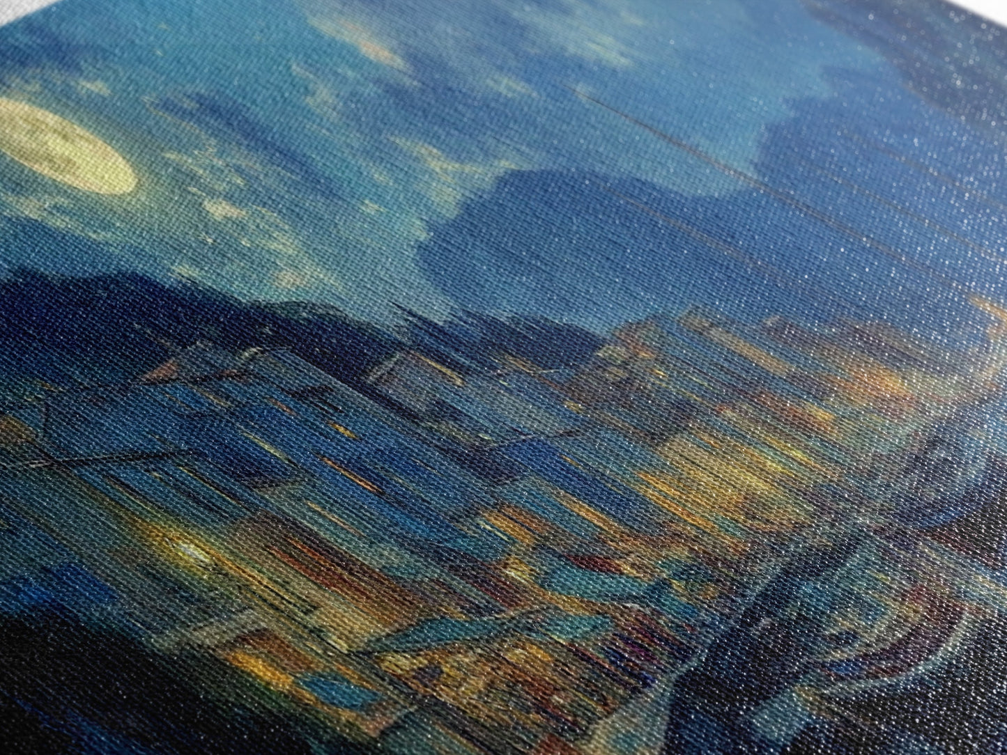 Midnight in Portofino - Full Moon - Italian Oil Painting Canvas Print - Whimsical / Eclectic Landscape Painting - Minimalist Boho Home Decor