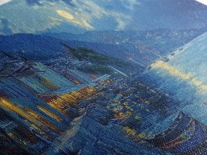 Fishing Village at Midnight Under a Full Moon, Framed Canvas Print, Panoramic Wall Art, Eclectic Boho Home Decor, Wide Oversized Wall Art