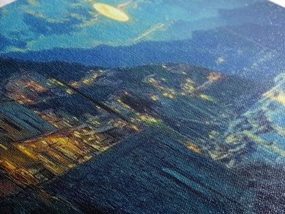 Greece at Midnight - Framed Canvas Print - Greek Fishing Village Under a Full Moon - Boho Wall Art - Moody Landscape Painting