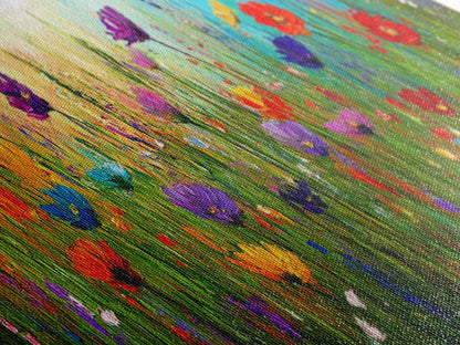 Purple Flowers, Panoramic Floral Print, Framed Canvas Art, Wildflowers Painting Spring Flower Watercolor Art Print, Field of Wildflowers