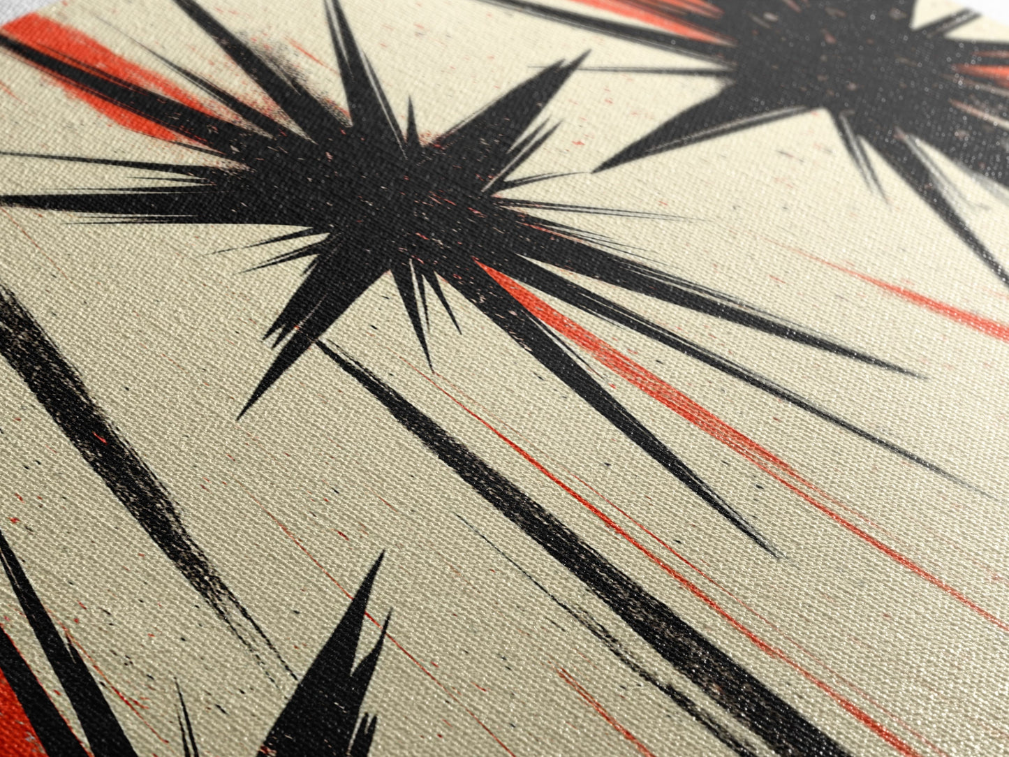 Flashes and Light - Framed Canvas Print - Mid-century Modern Rocket Age Inspired Wall Art - Black Stars with Red Streaks