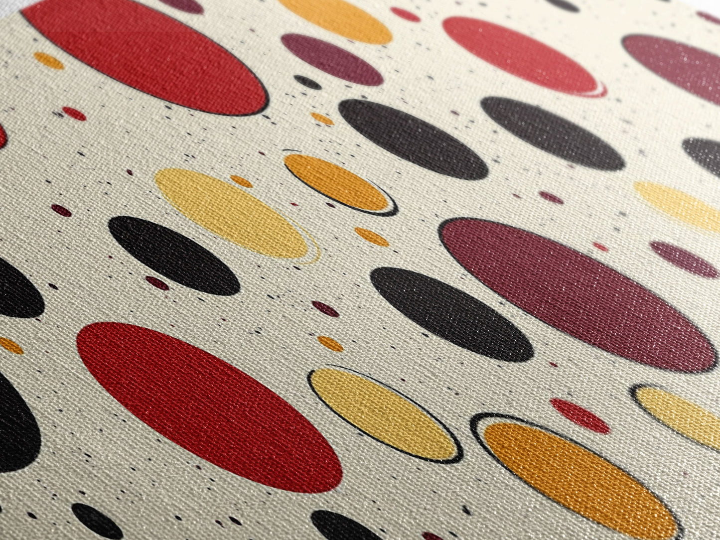 Polka Dots - Framed Canvas Print - MCM Inspired Midcentury-Modern Wall Art - Red, Yellow and Black Dots on a White Background