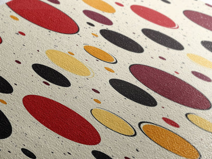 Polka Dots - Framed Canvas Print - MCM Inspired Midcentury-Modern Wall Art - Red, Yellow and Black Dots on a White Background
