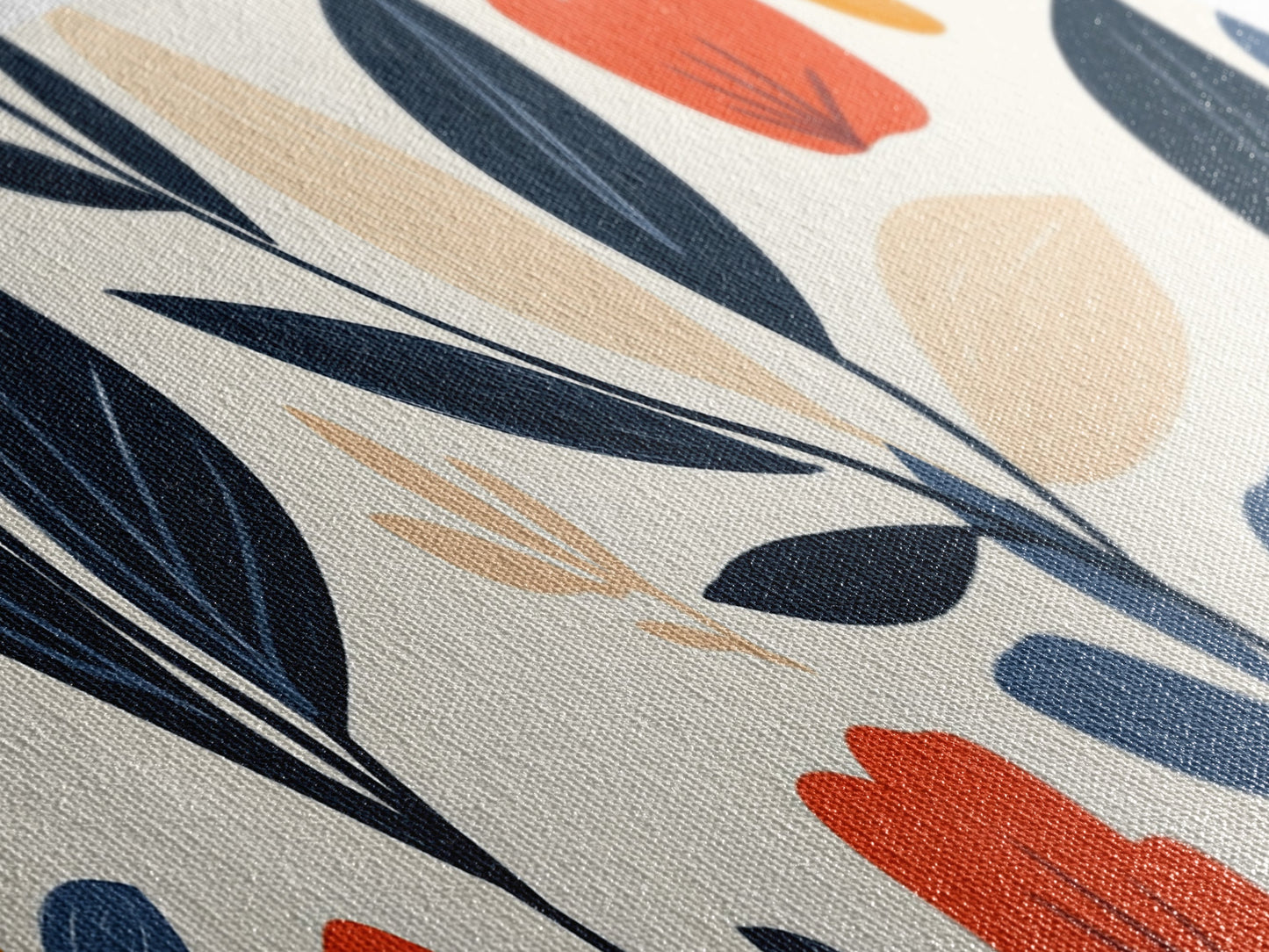 MCM Floral Print, Framed Canvas Art With Wood Frame, Over Sized Extra Wide Art For Above Sofa, Blue flowers on Black Background