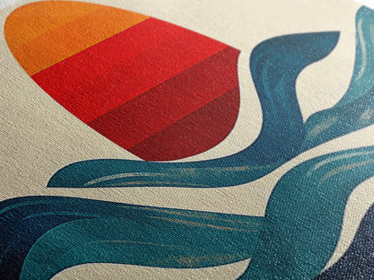 Retro Art Deco Sunset over The Ocean, Framed Canvas Print, Vector Image Style Artwork, Wood Frame, Boho / Eclectic Home Decor, Minimalist Decor