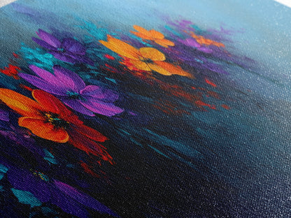 Purple and Orange Flowers on Navy Blue Background, Panoramic Framed Canvas Art, Oil Painting Print, Boho Style Wall Art, Dark Home Decor, Moody Art