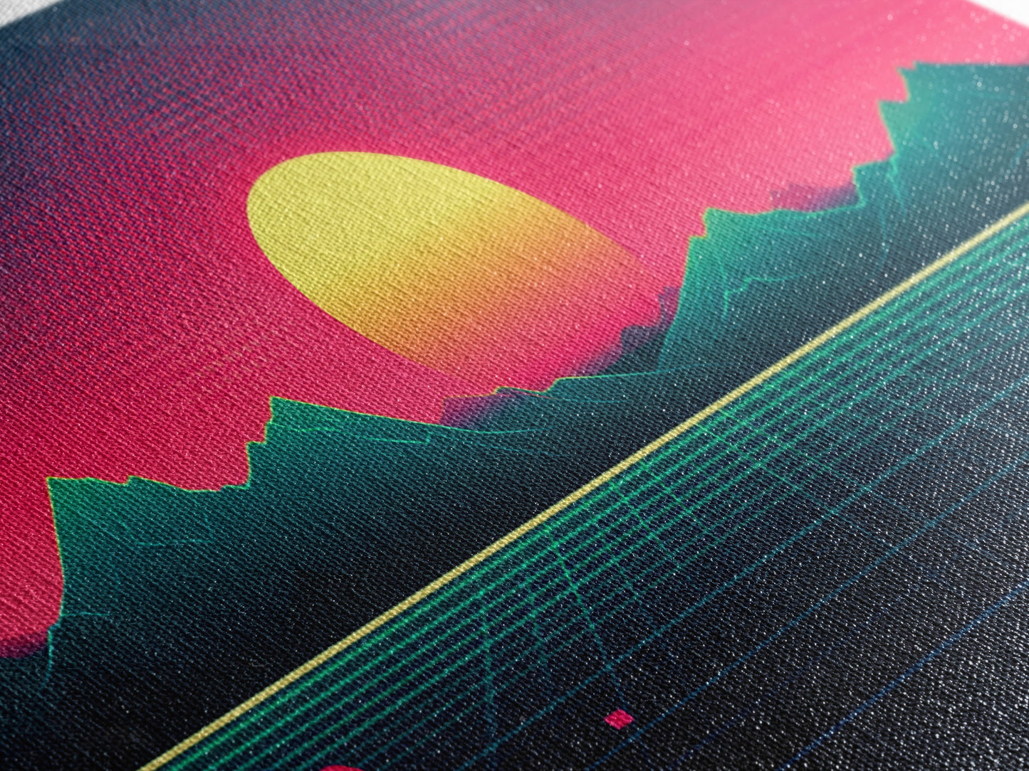 Synthwave Sunset Over The Mountains, Wireframe Art, Framed Canvas Print, Wire Frame Retro 1980s Style Wall Art