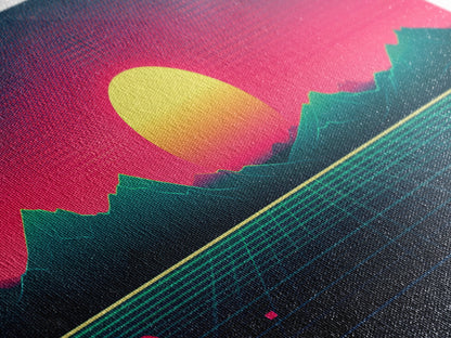 Synthwave Sunset Over The Mountains, Wireframe Art, Framed Canvas Print, Wire Frame Retro 1980s Style Wall Art