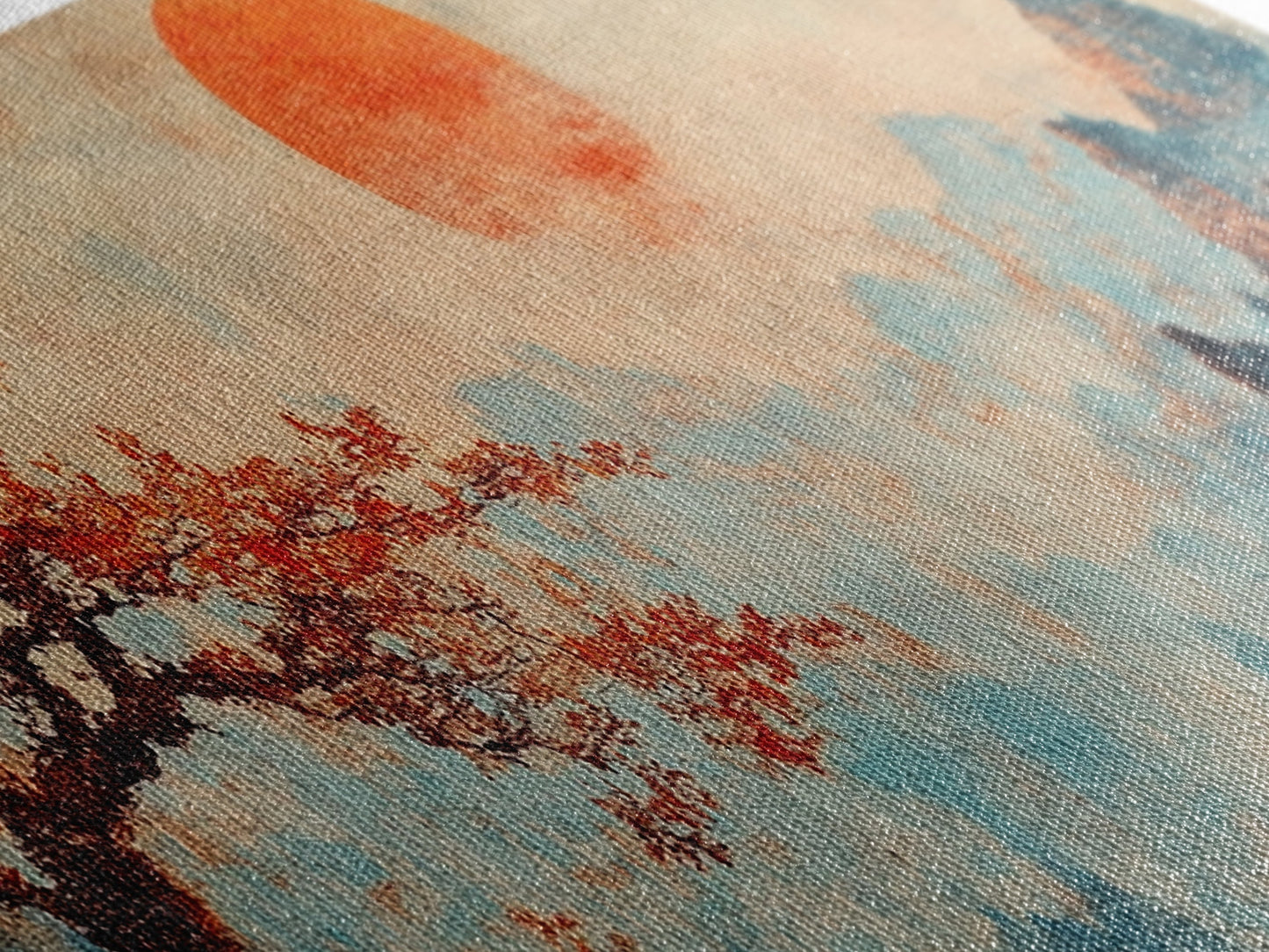 Japanese Maple Tree at Sunset, Vintage Japanese Inspired Woodblock Print Canvas Art, Retro Japanese Art