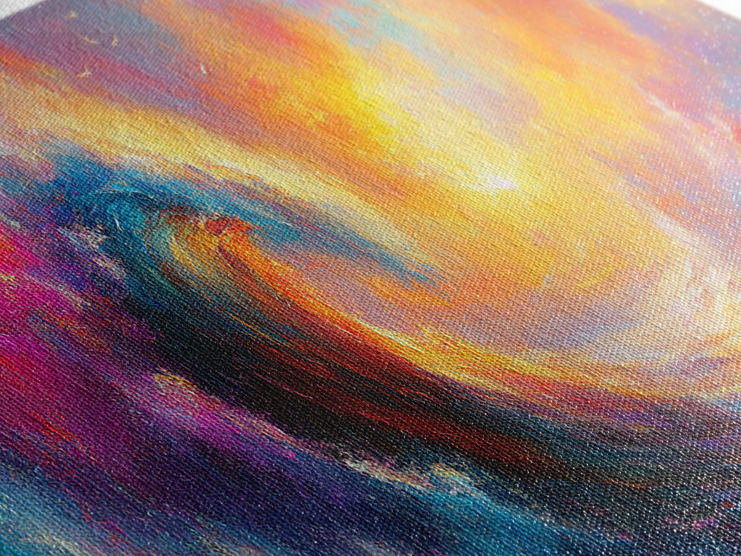 Oil Painting Print of Rainbow Ocean Waves, Retro Farmhouse Beach House Decor, Panoramic Extra Wide Wall Art