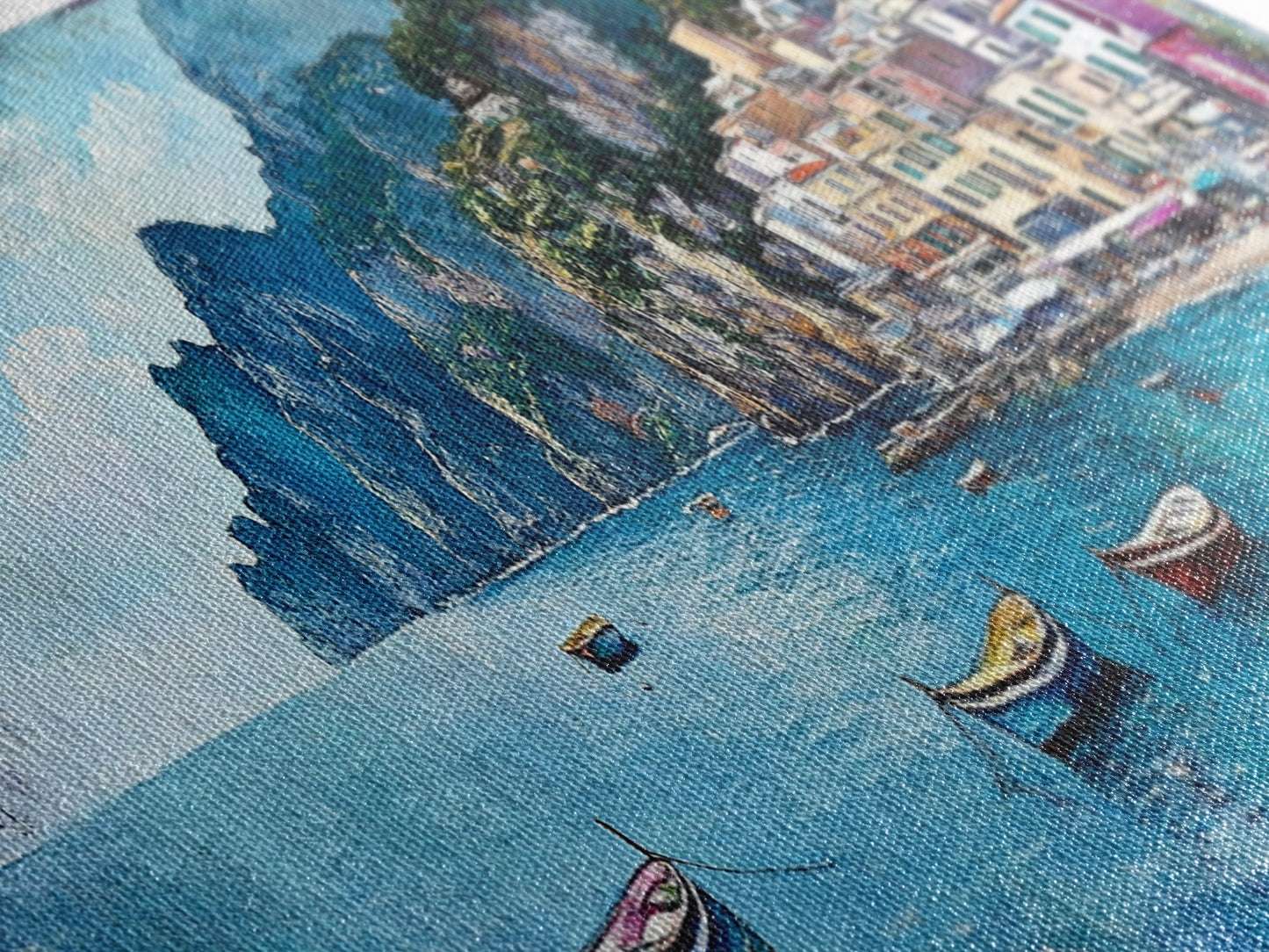 Italian Seaside, Framed Canvas Print, Italy In The Summer, Original Artwork Oil Painting Print, Gift Idea, Horizontal Wood Framed Panoramic Art