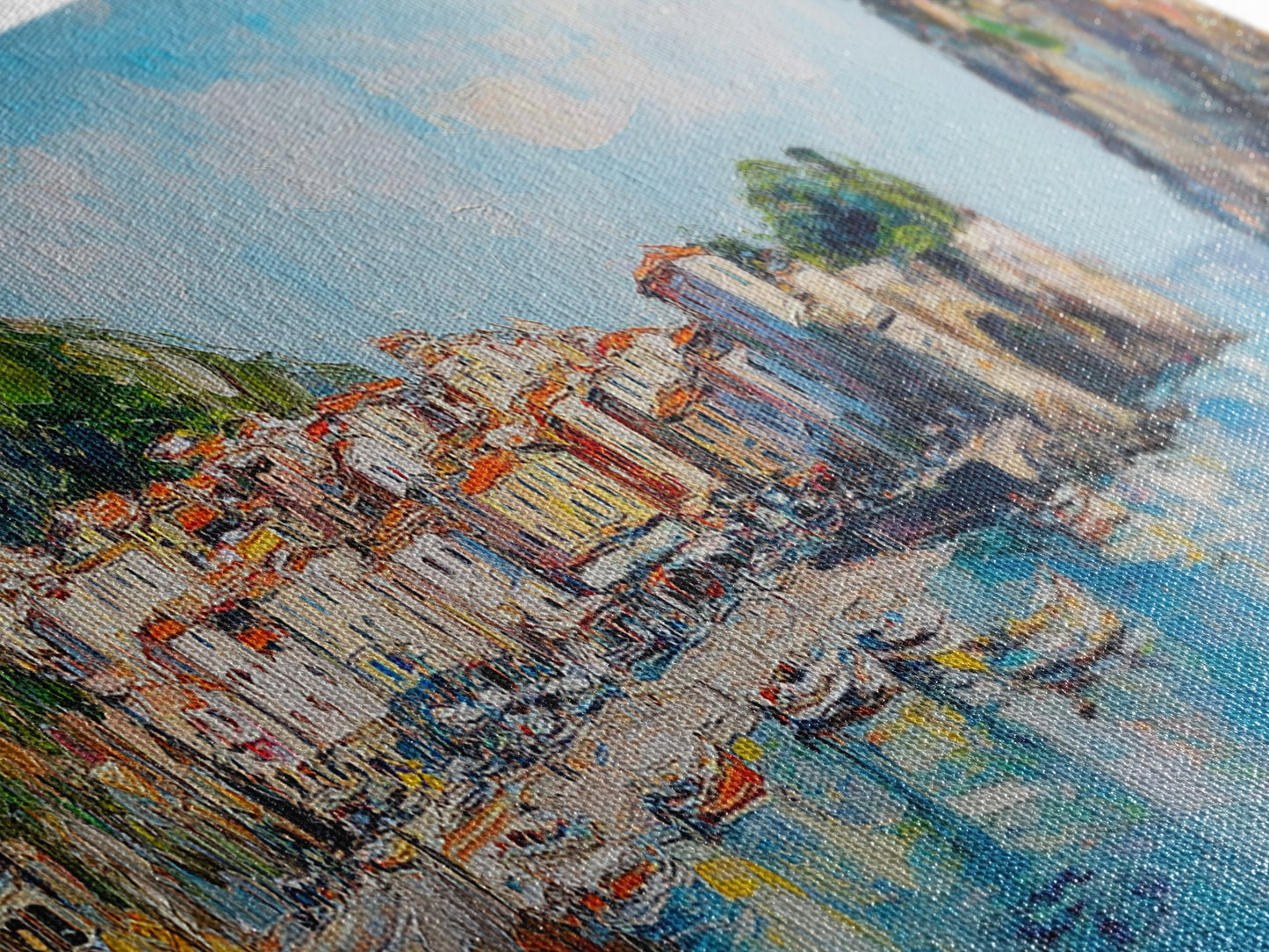 Muted Italian Fishing Village Painting Print, Boho Wall Art, Minimalist Style Panoramic Painting, Extra Large Oversized Wall Art, Home Decor / Gift Idea