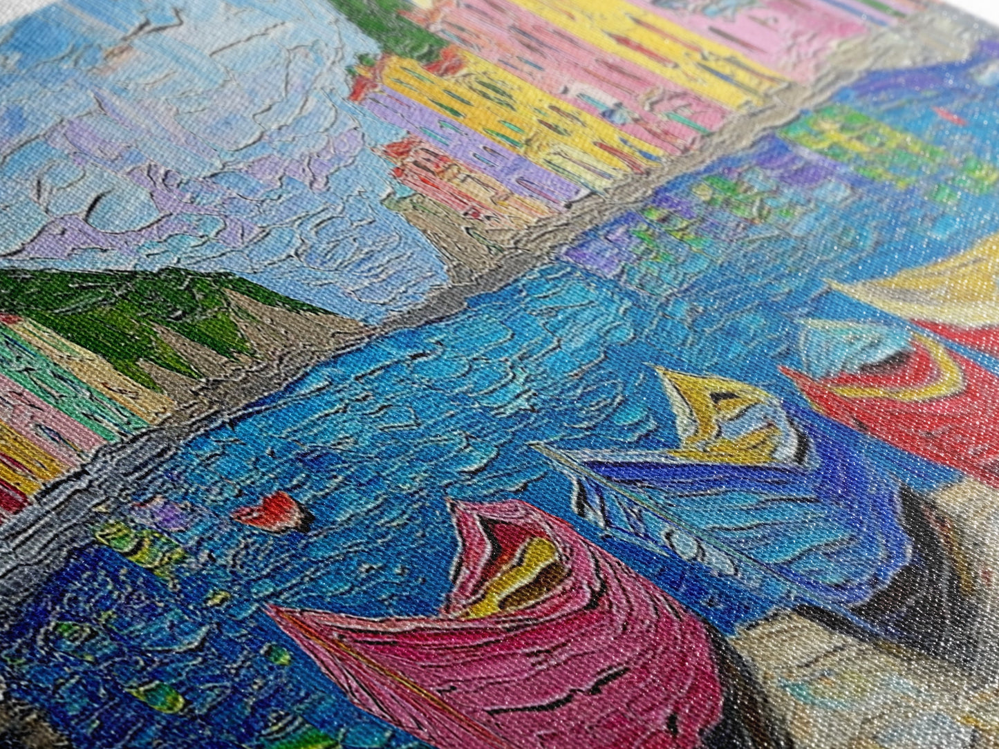 Pastel Row Boats in an Italian Fishing Village, Framed Canvas Print, Original Artwork, Retro Italy Painting, Impasto Style Print