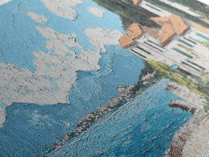 Impressionist Painting of an Italian Seaside Villa, Framed Canvas Print, Italy Village Decor, Ulta Wide Panoramic Landscape Painting