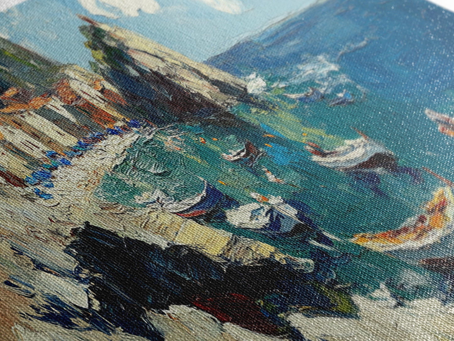 Italian Fishing Village, Vintage Style Canvas Print, Wood Framed Panoramic Wall Art, Italy Vacation Gift, Travel Gift Idea, Impressonist Seascape