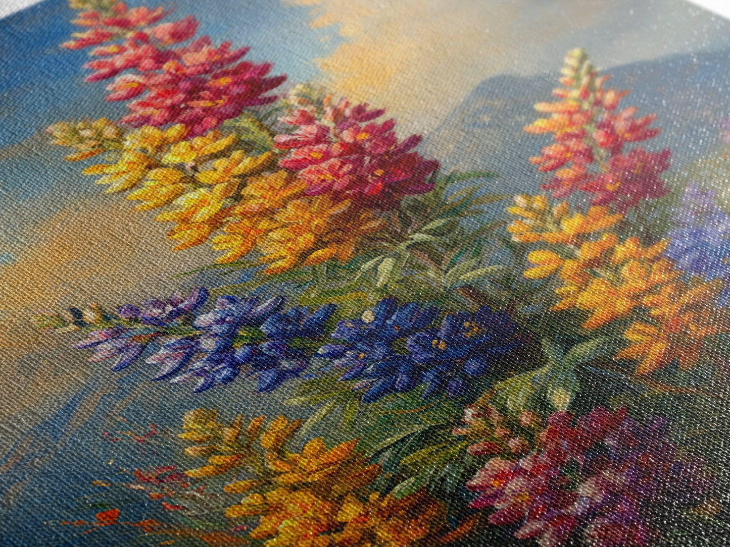 Vintage Style Canvas Print Oil Painting of Wild Flowers On A Mountain Landscape, Framed Canvas, Antique Style Wall Art, Painting of Flowers