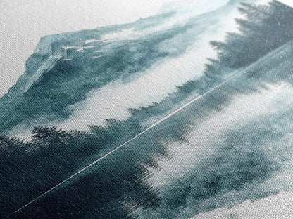 Fog In The Mountains, Framed Canvas Print, Pacific Northwest, Cascade Mountains, Emerald Green Landscape Painting, Boho Decor