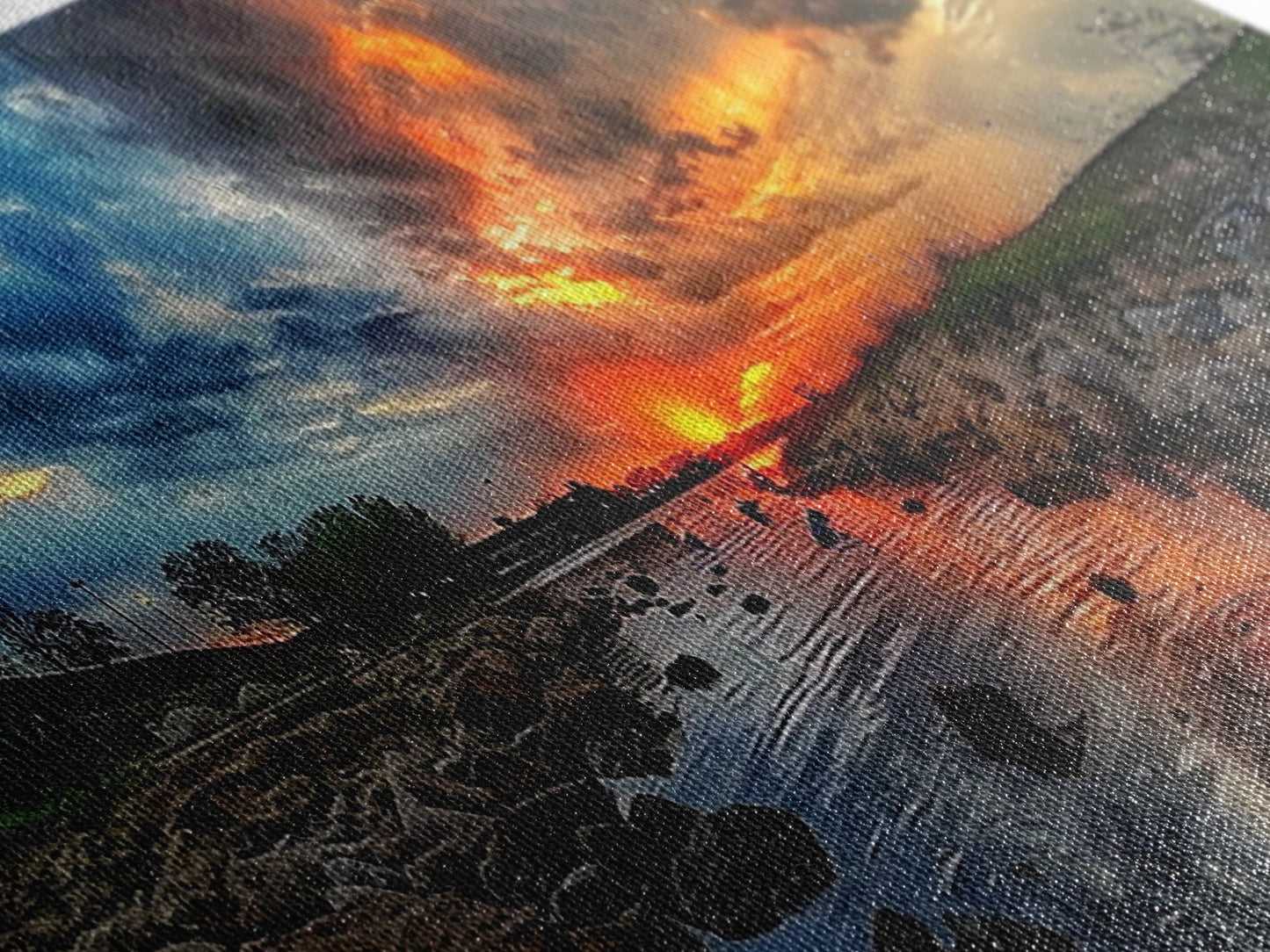 Sunset Over A Rocky River, Framed Canvas Print, Landscape Photography Style Wall Art, Beautiful Home Decor