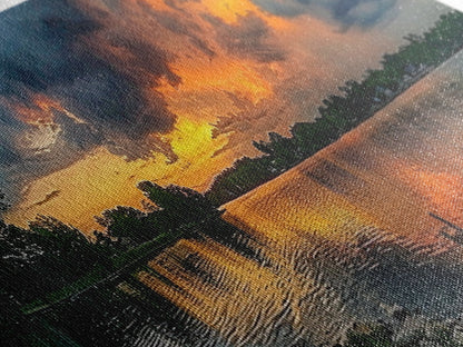 Sunset On The Lake Framed Canvas Print, Lakehouse Decor, Rustic Modern Farmhouse Wall Art, Photography Style Landscape Art