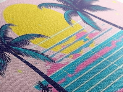 Retro Synthwave Wall Art, Outrun Home Decor Framed Canvas Print, Two Palm Trees and a Sunset