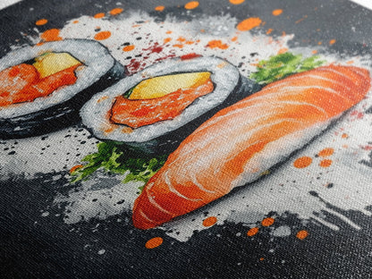 Abstract Oil Painting Canvas Print of Sushi on Black background, Food Review Kitchen Art, Kitchen Decor, Wabi Sabi Wall Art, Sushi Painting