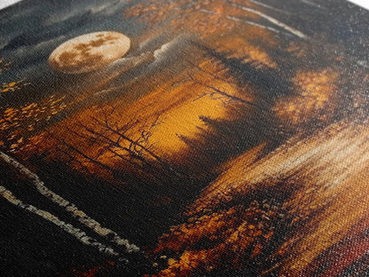 Full Moon Over The Haunted Forest, Framed Canvas Print, Wood Framed Wall Art, Dark Academia Witchy Decor, Moody Home Decor