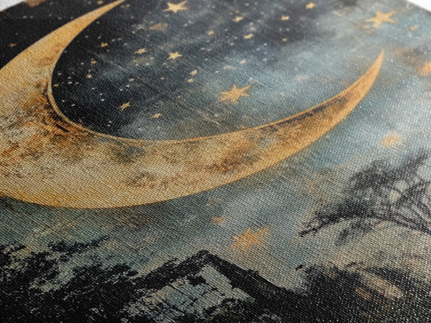 Mystical Moon Painting Print, Folk Art Canvas Print, Eerie Atmospheric Wall Art, Subdued and Moody Home Decor, Crescent Moon Painting