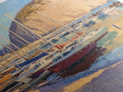 Italian Seaside Village Framed Canvas Print, Sailboat Painting, Italy Painting, Italy Decor, Vacation Gift Idea, Maine Oil Painting, Nautical Home Decor