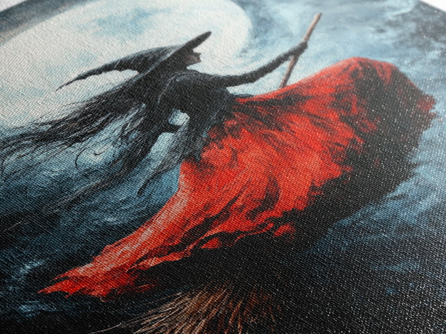 The Witch Rides her Broom under a full moon - Framed Canvas Print - Witchy Decor - Witch Painting - Halloween Wall Art