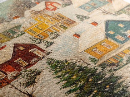 Retro Christmas Village Wall Art For Above Mantle, Framed Canvas Print, Christmas Home Decor, Christmas Wall Art, Christmas Postcard Art