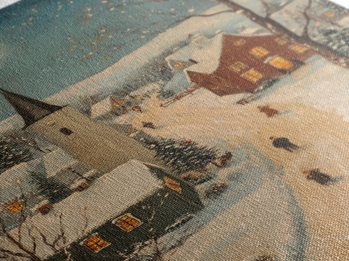 Full Moon on Christmas Even, Framed Canvas Print, Vintage Christmas Oil Painting Print, Christmas Village Wall Art, Christmas Sign, Christmas Art