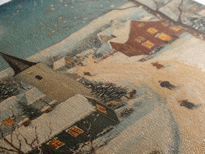 Full Moon on Christmas Even, Framed Canvas Print, Vintage Christmas Oil Painting Print, Christmas Village Wall Art, Christmas Sign, Christmas Art