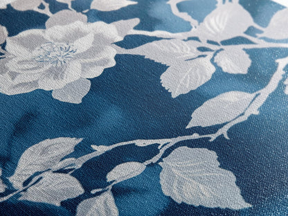 White Flowers on Blue Background Framed Canvas Print, Chinoiserie Wall Art, Boho Decor, Minimalist Wall Art, Boho Home Decor