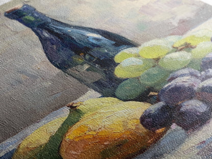Still Life Of Grapes and Wine, Framed Canvas Print, Antique Style Fruit Still Life Oil Painting Print, Kitchen Decor, Rustic Farmhouse Kitchen Art