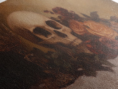 Skull and Flowers Canvas Print, Panoramic Goth Art, Extra Wide Wall Art, Goth Home Decor, Wide Art, Gothic Dark Academia Witchy Wall Art