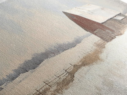 Barn Landscape Oil Painting Print - Retro Farm Wall Art - Village Wall Art - Old Red Barn In Winter - Winter Landscape - Winter Centerpiece Art