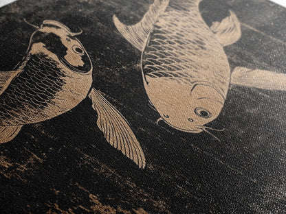 Black and White Koi Fish Oil Painting Print, Elegant Japanese Style Wood Block Print Artwork, Canvas Print Ready To Hang, Centerpiece Art