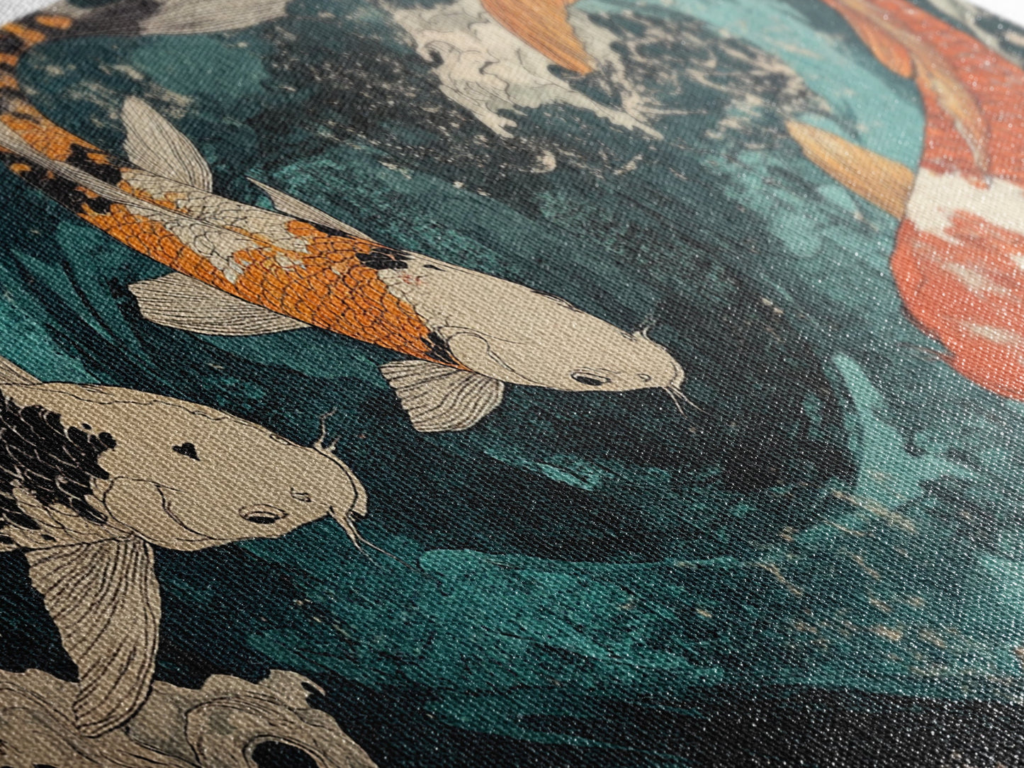 Large Oil Painting of Koi Fish Canvas Print, Vibrant Koi Fish Wabi Sabi Japanese Style Artwork, Minimalist Home Decor Living Room Wall Art