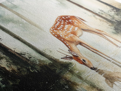 Rustic Farmhouse or Cabin Wall Art Painting of a Deer Drinking Water In The Forest, Minimalist Farmhouse Decor, Framed Canvas Print